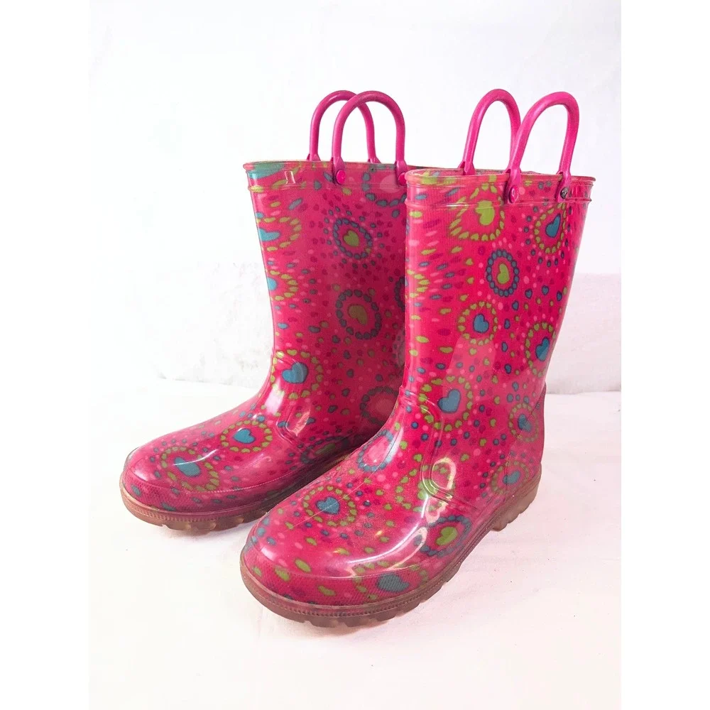 Pink Heart Print Rain Boots Kids Size 13-1 Waterproof Pull On Rubber GMWN48DP012